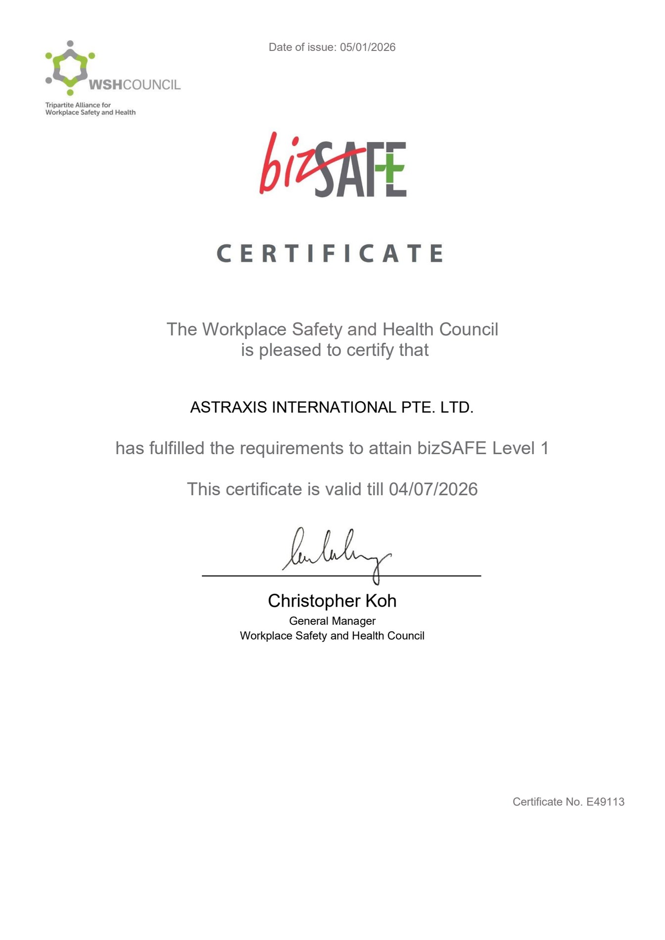 Astraxis International Pte Ltd bizSAFE certificate