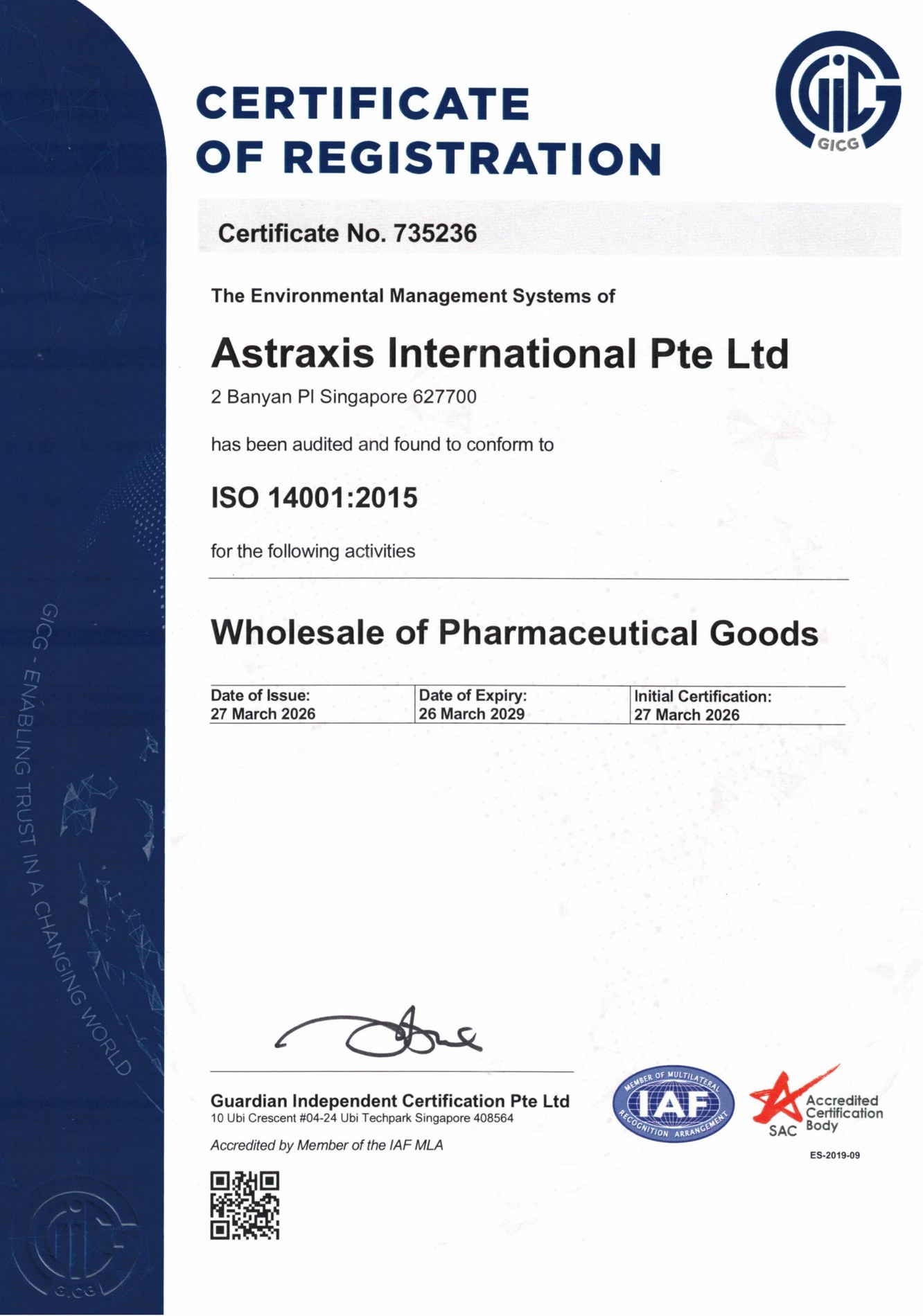 Astraxis International Pte Ltd ISO 14001 certificate