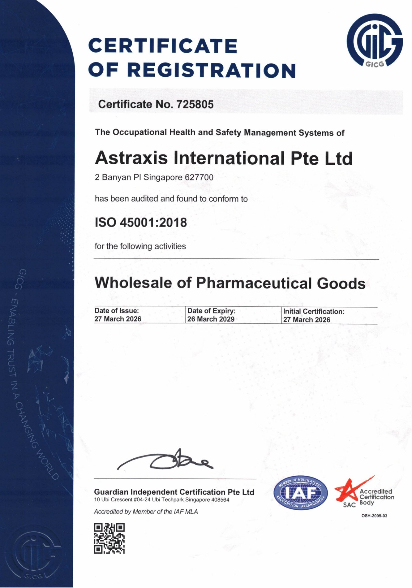 Astraxis International Pte Ltd ISO 45001 certificate