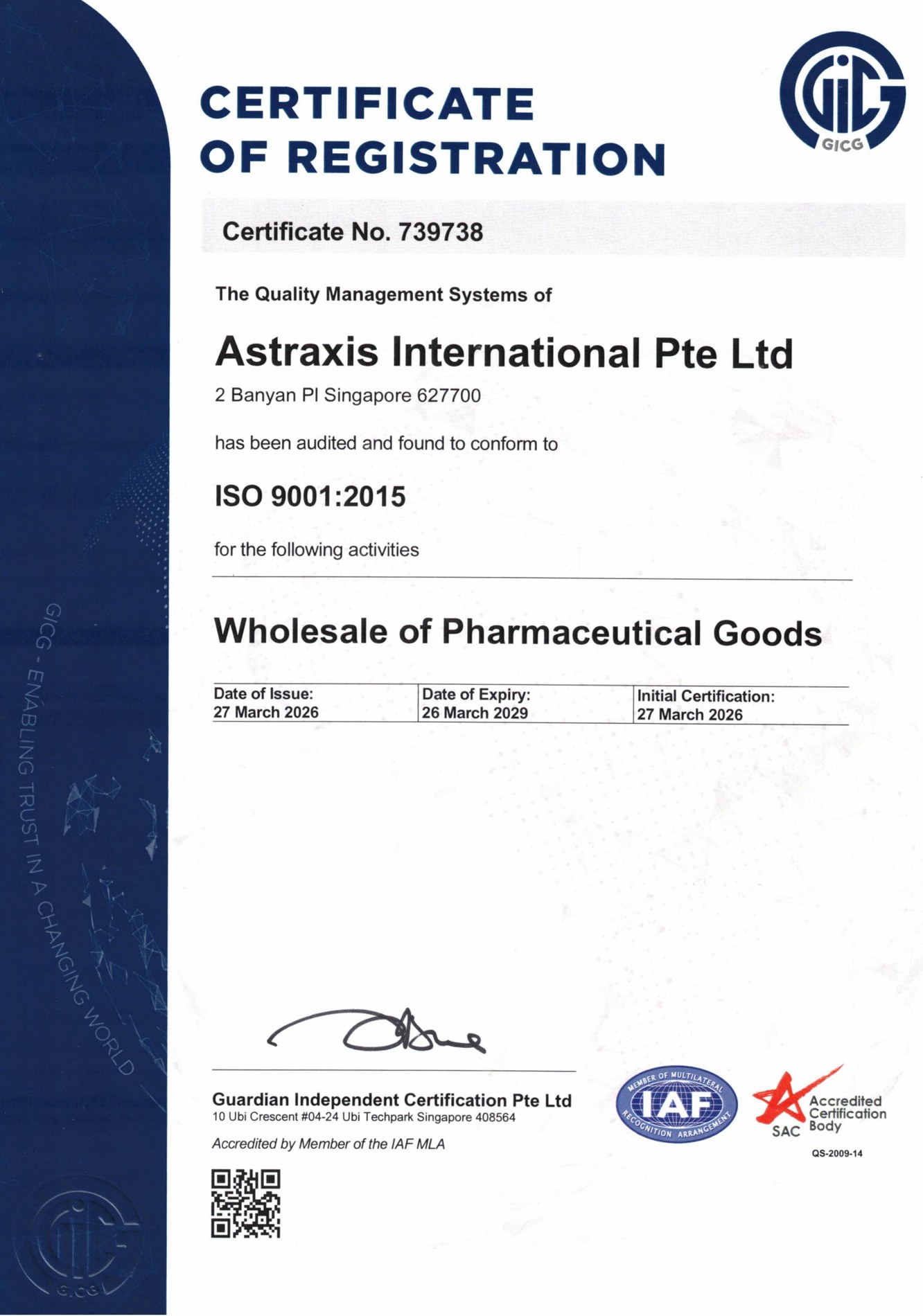 Astraxis International Pte Ltd ISO 9001 certificate